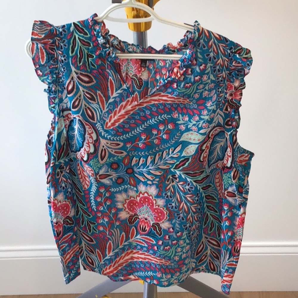 Talbots Blue and Pink Ruffled Sleeveless Blouse